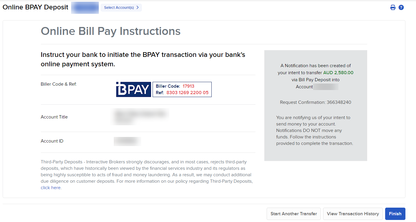 The online BPAY deposit confirmation page in portal. 